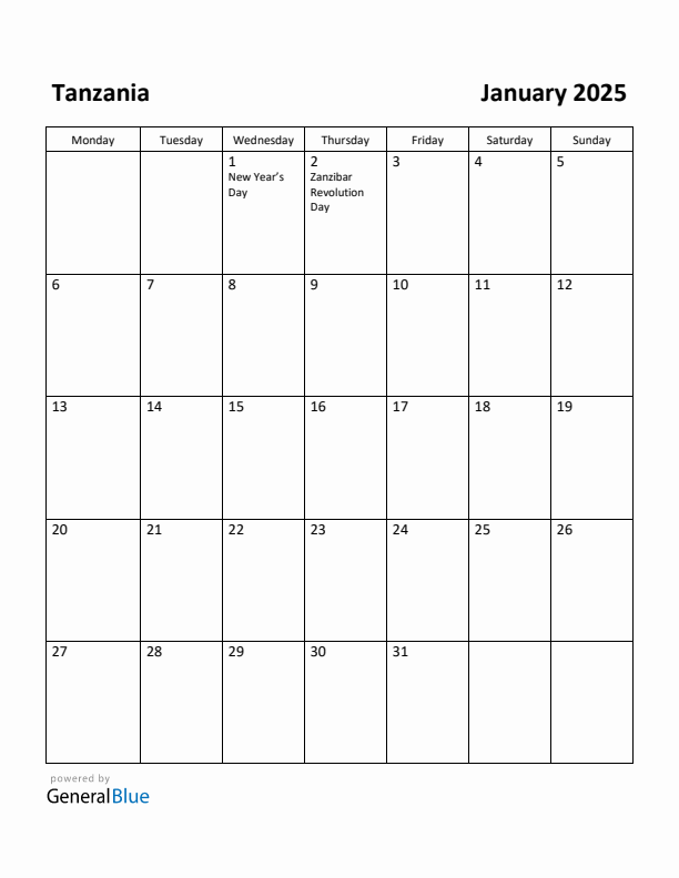 January 2025 Calendar with Tanzania Holidays