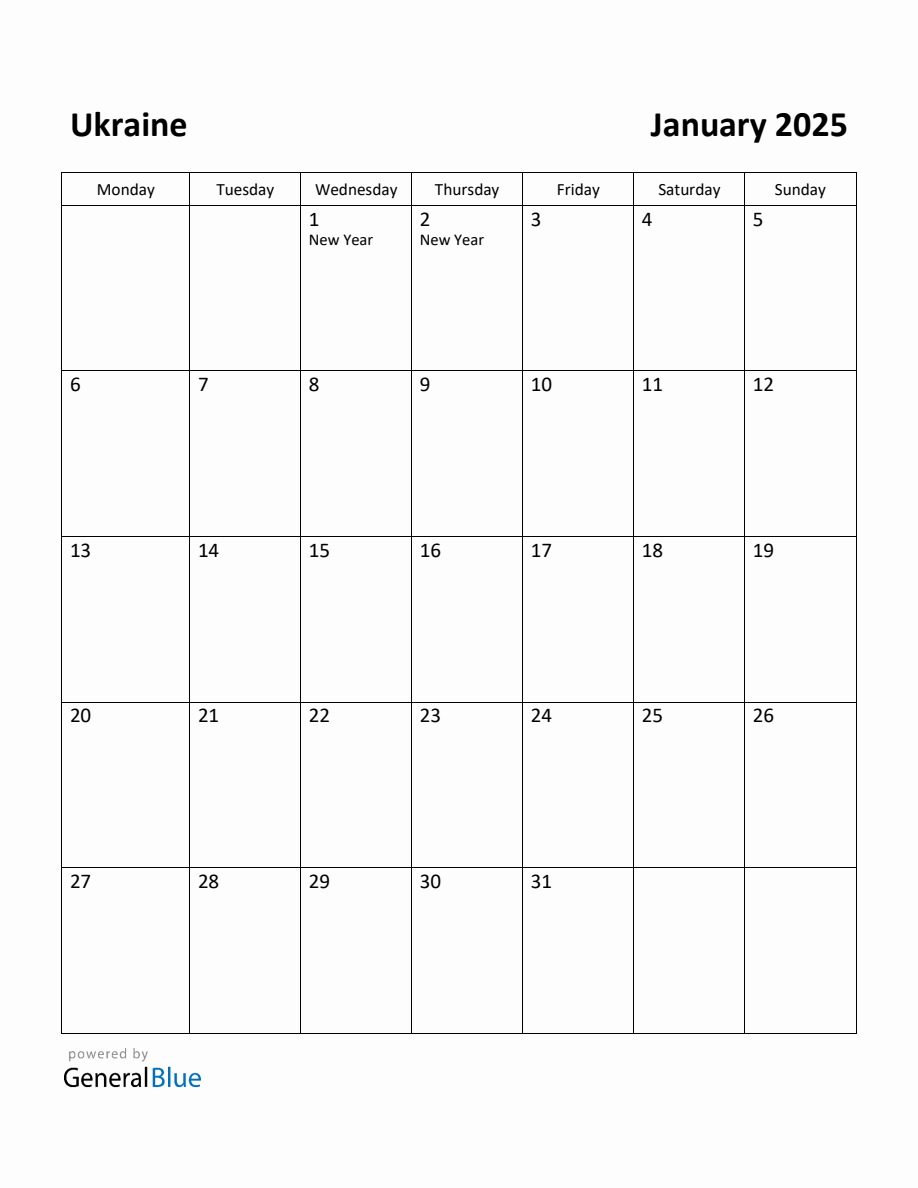 Free Printable January 2025 Calendar for Ukraine