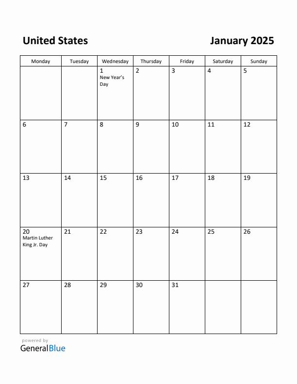 Free Printable January 2025 Calendar for United States