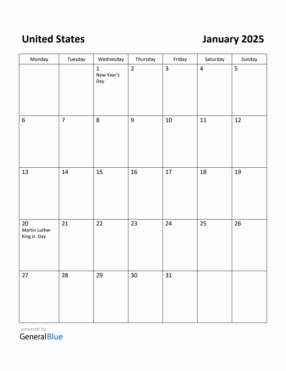 Free Printable January 2025 Calendar for United States