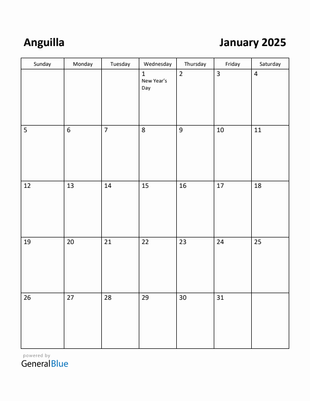 Free Printable January 2025 Calendar for Anguilla