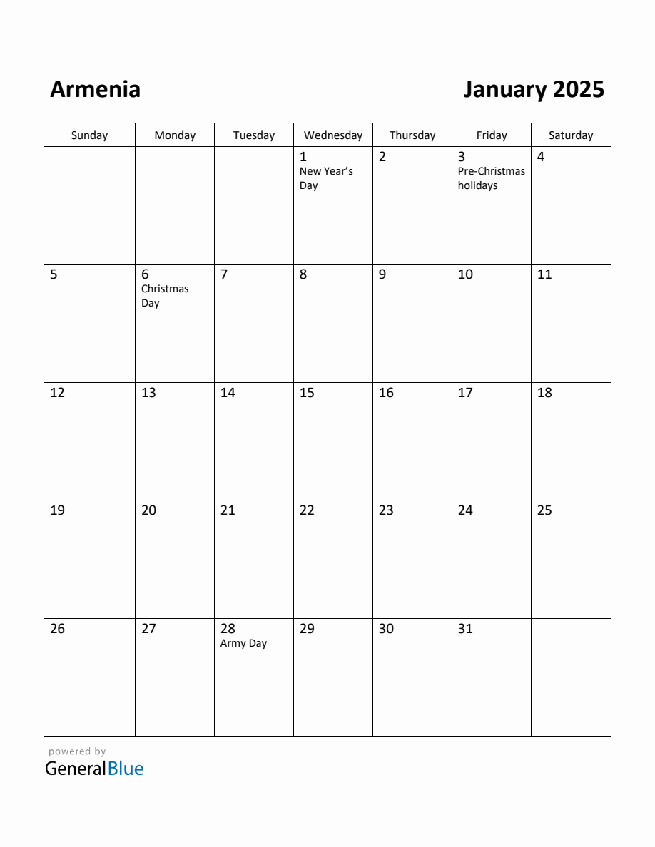 Free Printable January 2025 Calendar for Armenia