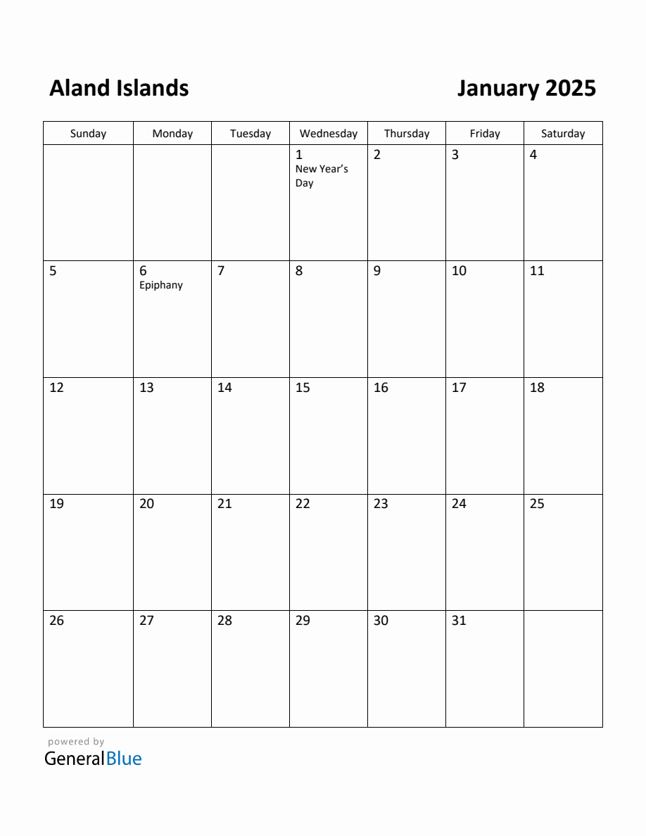 Free Printable January 2025 Calendar for Aland Islands