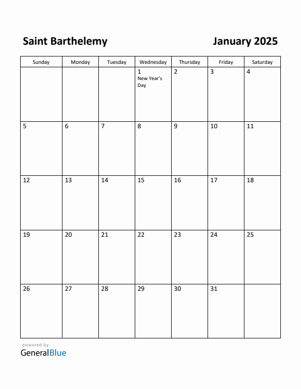 January 2025 Calendar with Saint Barthelemy Holidays
