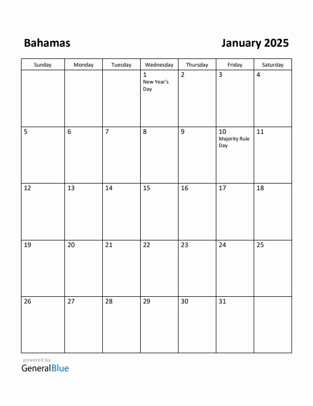 January 2025 Calendar with Bahamas Holidays