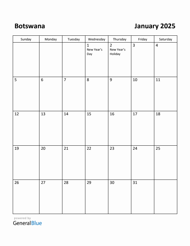 January 2025 Calendar with Botswana Holidays
