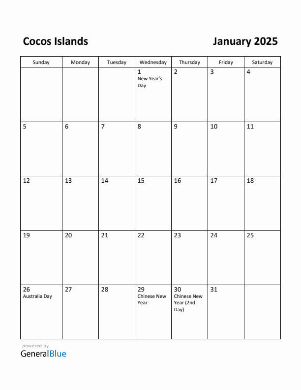 January 2025 Calendar with Cocos Islands Holidays