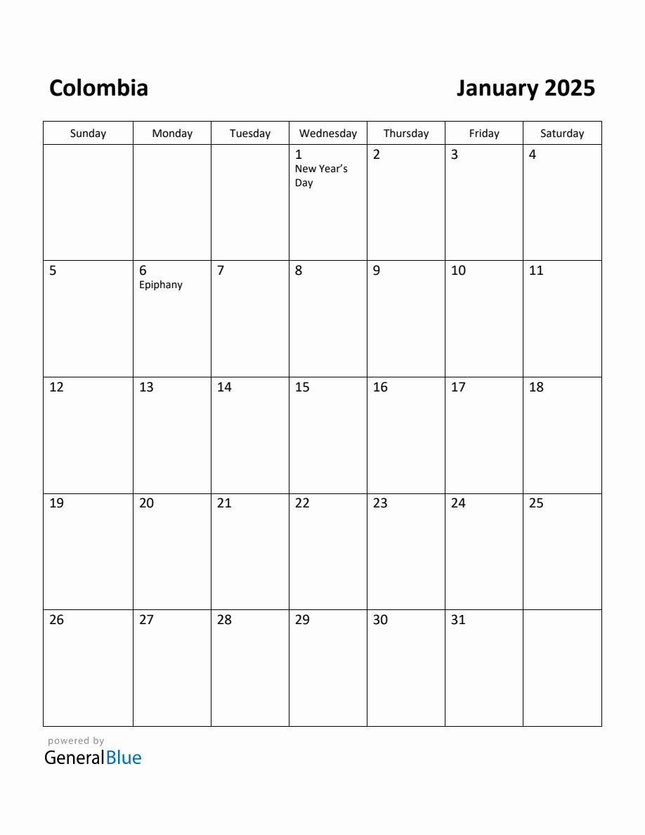 Free Printable January 2025 Calendar for Colombia