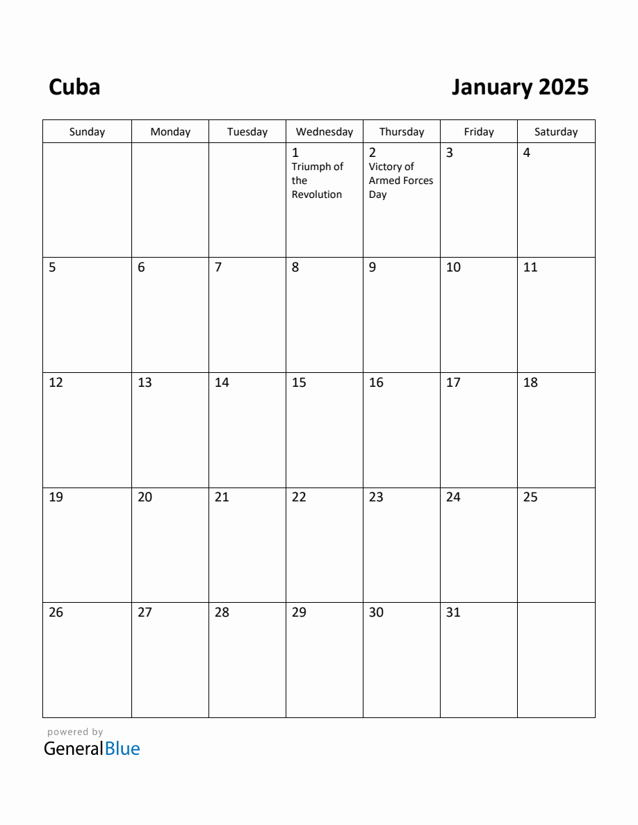 Free Printable January 2025 Calendar for Cuba