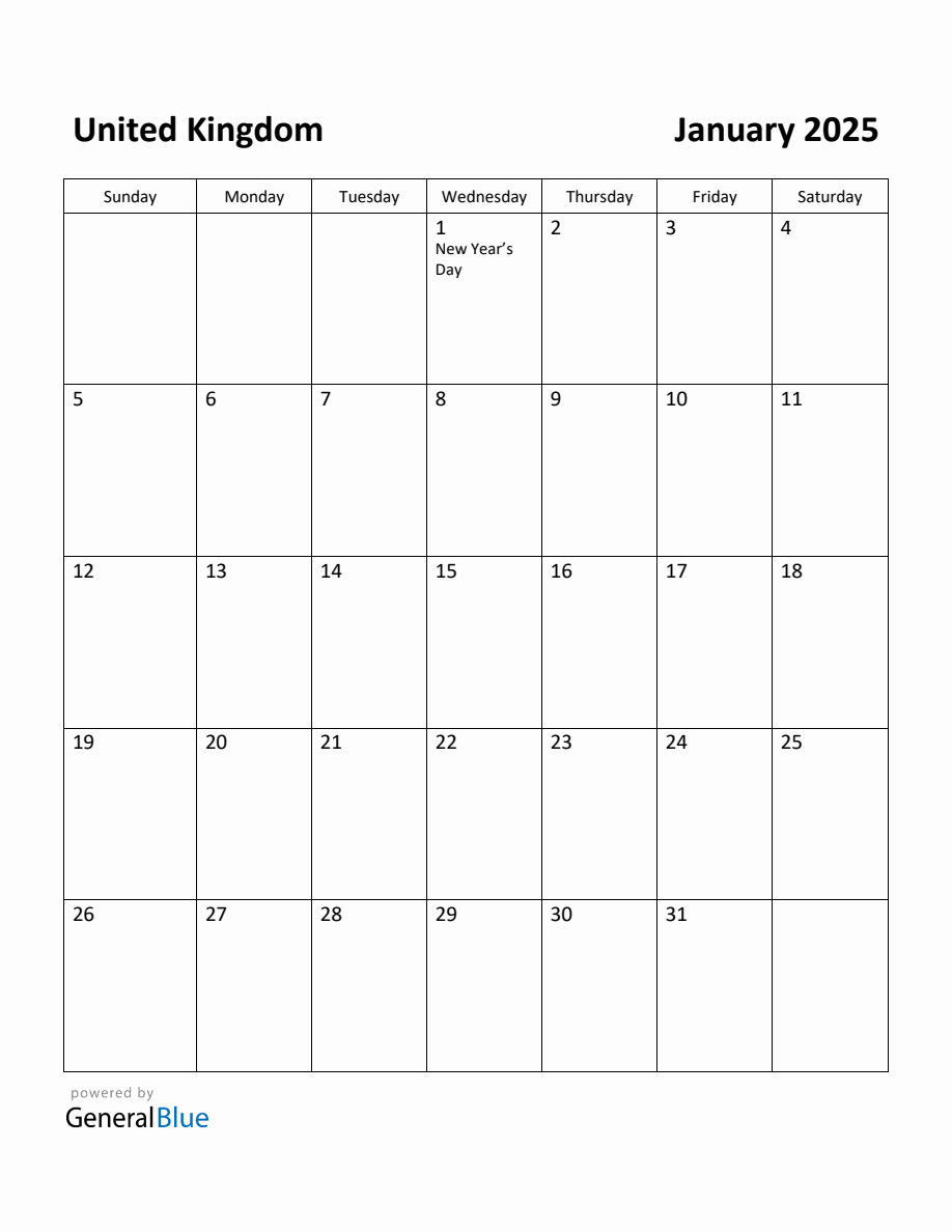 Free Printable January 2025 Calendar for United Kingdom