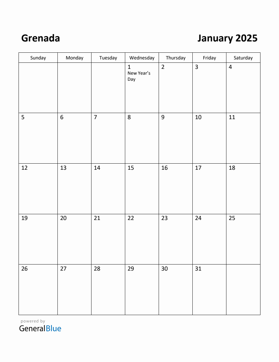 Free Printable January 2025 Calendar for Grenada