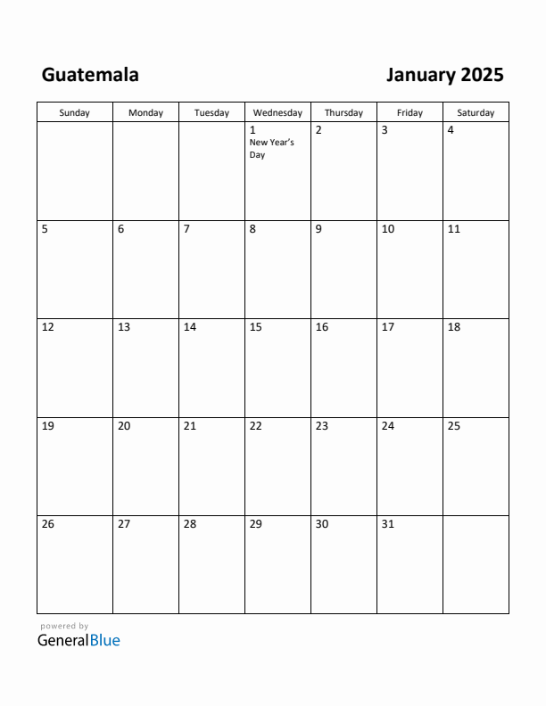 January 2025 Calendar with Guatemala Holidays