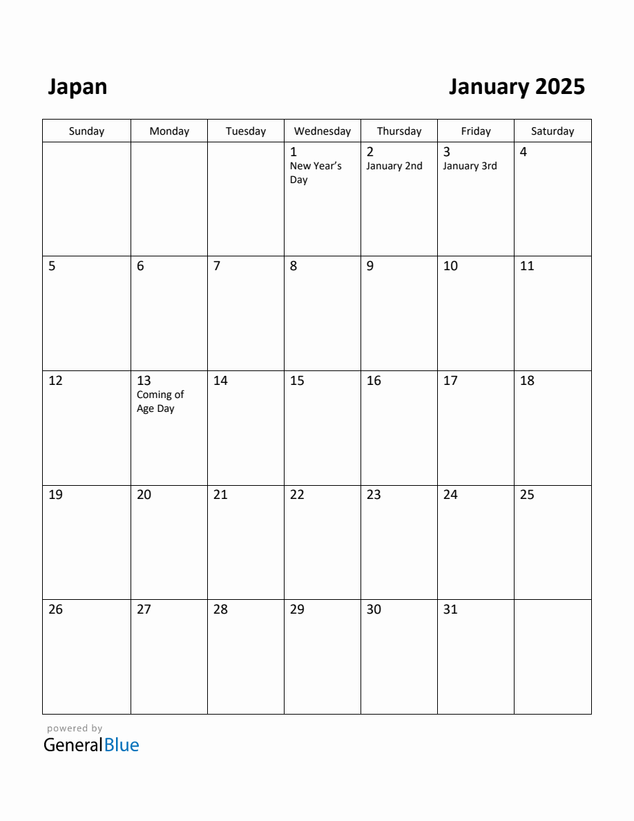 Free Printable January 2025 Calendar for Japan