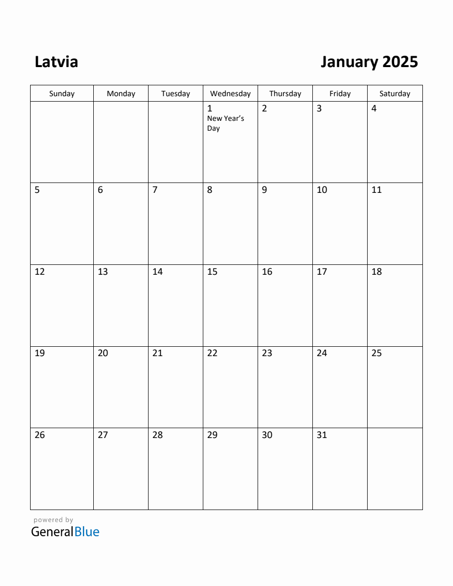 Free Printable January 2025 Calendar for Latvia