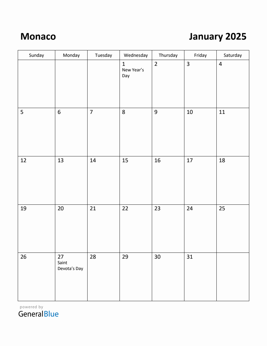 Free Printable January 2025 Calendar for Monaco