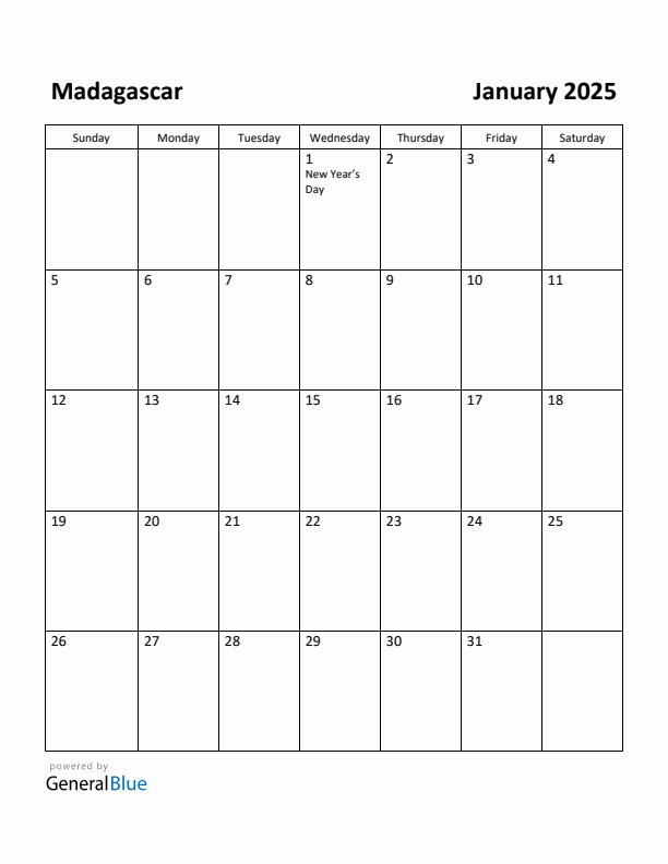 January 2025 Calendar with Madagascar Holidays