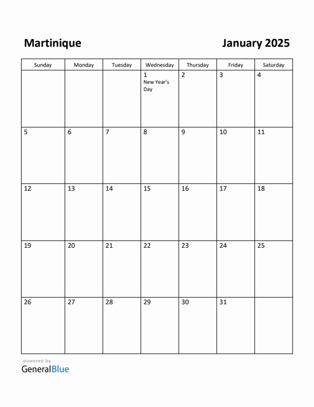 January 2025 Calendar with Martinique Holidays