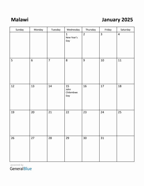 January 2025 Calendar with Malawi Holidays