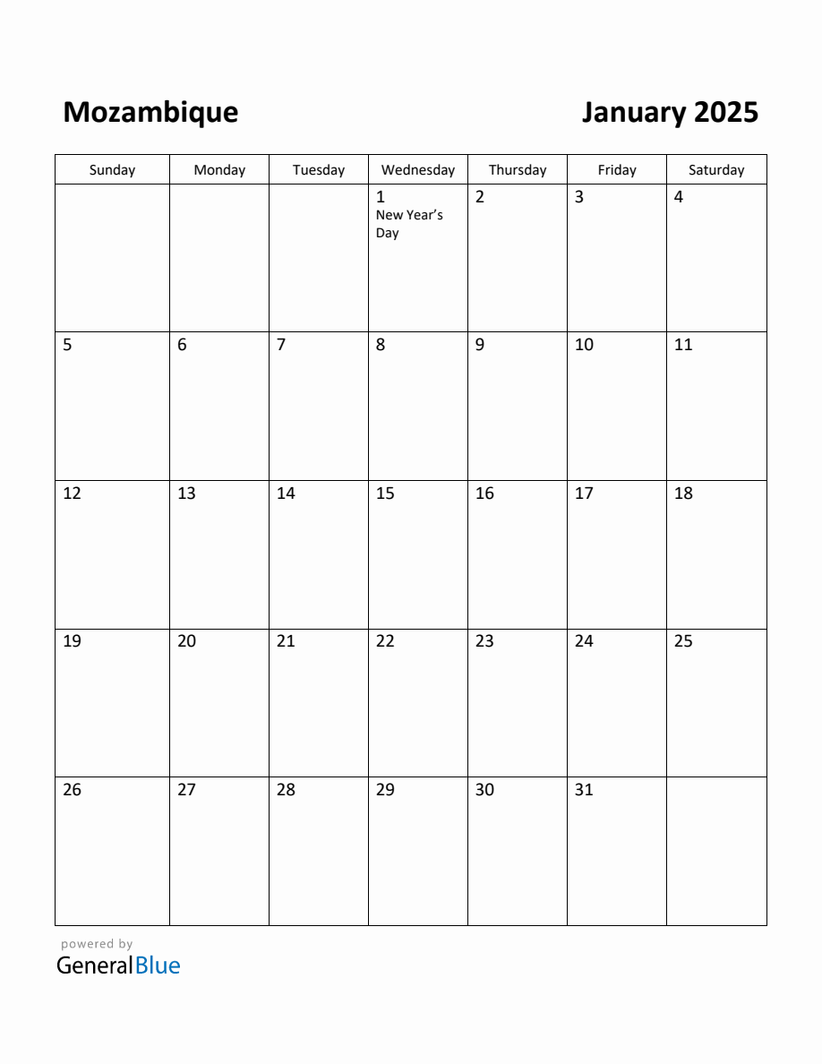 Free Printable January 2025 Calendar for Mozambique