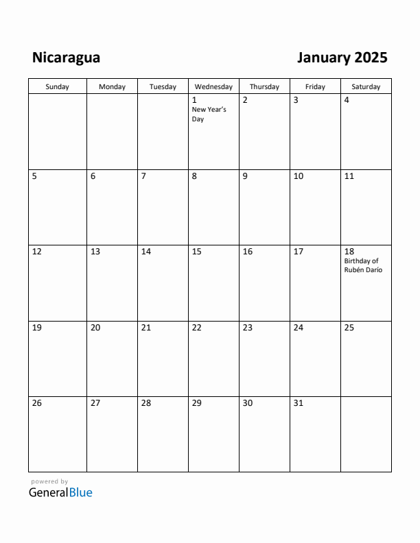 January 2025 Calendar with Nicaragua Holidays