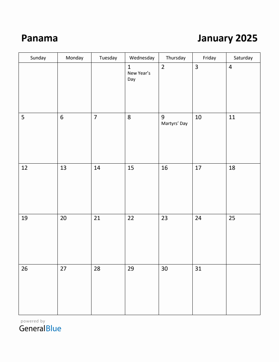 Free Printable January 2025 Calendar for Panama