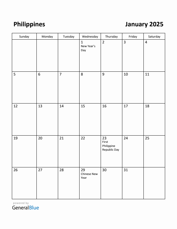 Free Printable January 2025 Calendar for Philippines