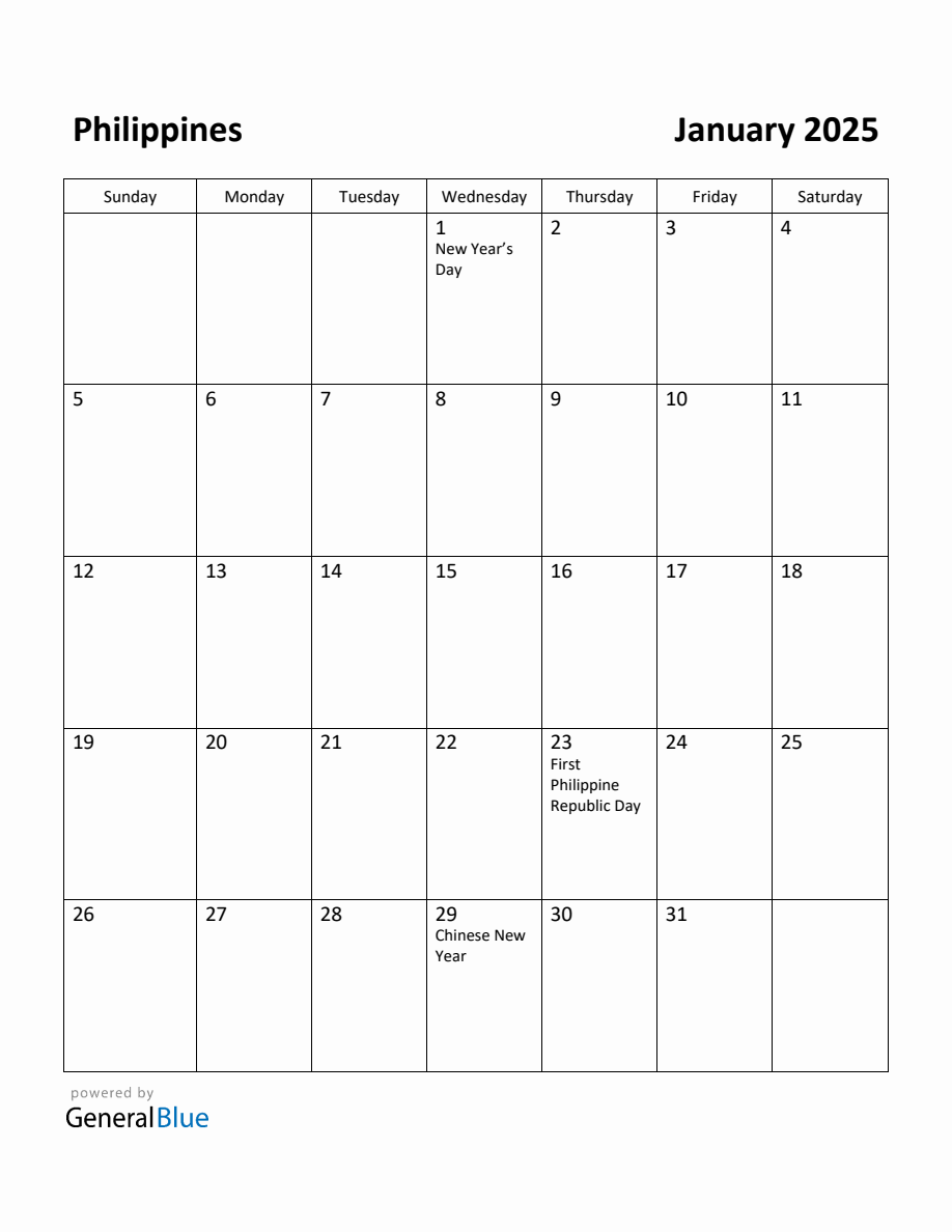 Free Printable January 2025 Calendar for Philippines