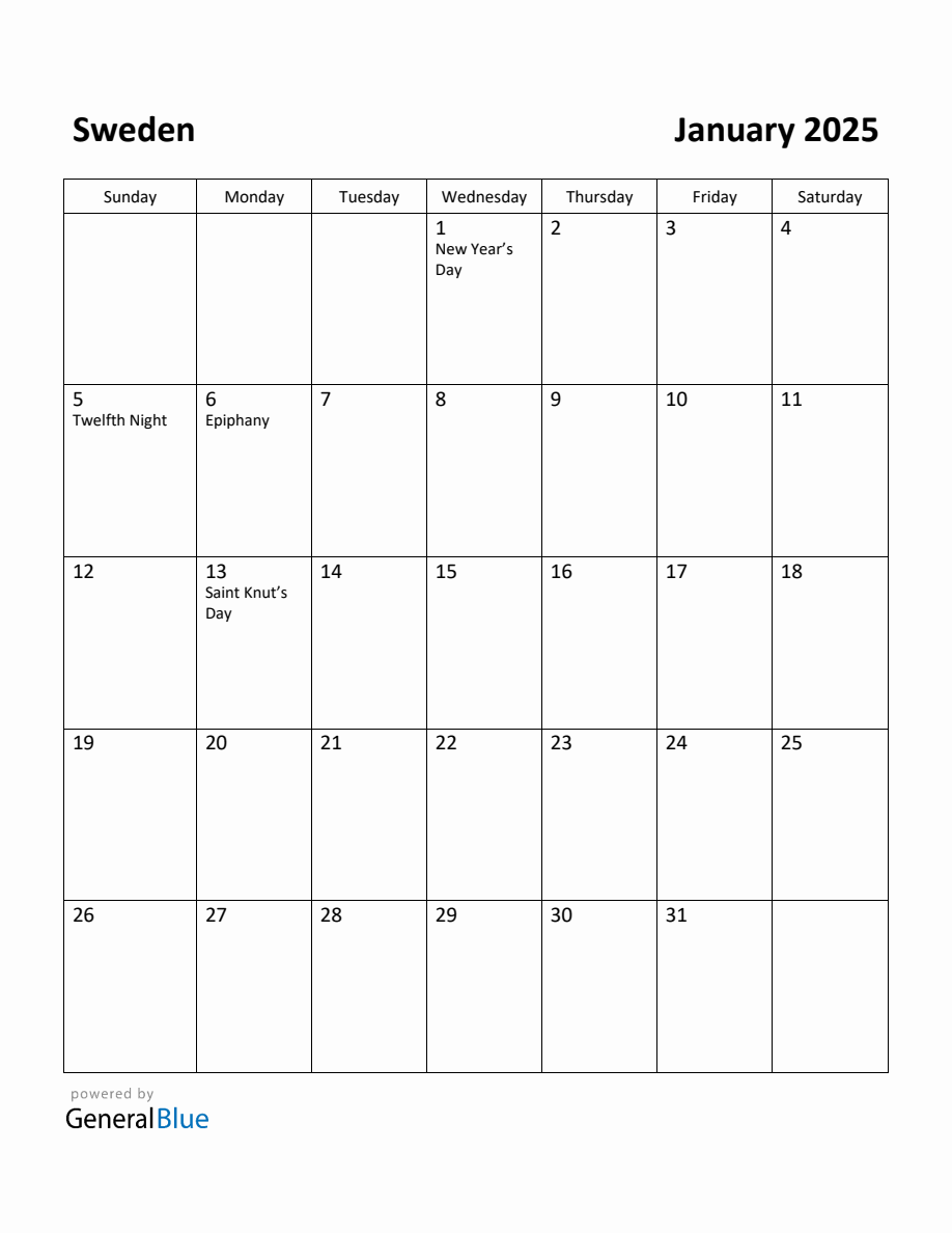 Free Printable January 2025 Calendar for Sweden