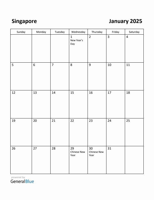 Free Printable January 2025 Calendar for Singapore