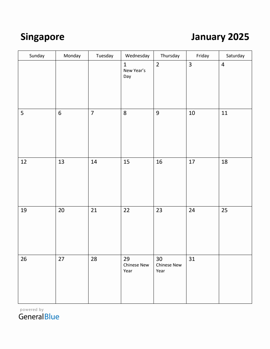 Free Printable January 2025 Calendar for Singapore