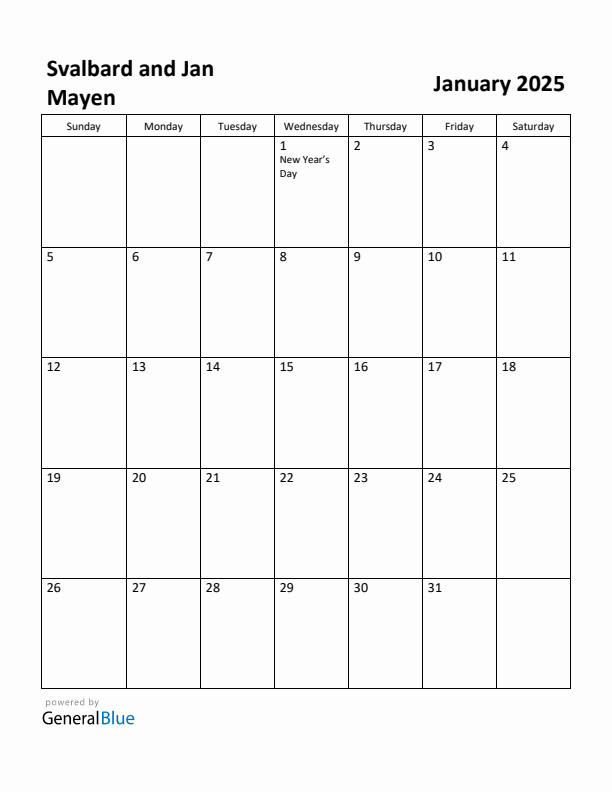 Free Printable January 2025 Calendar for Svalbard and Jan Mayen
