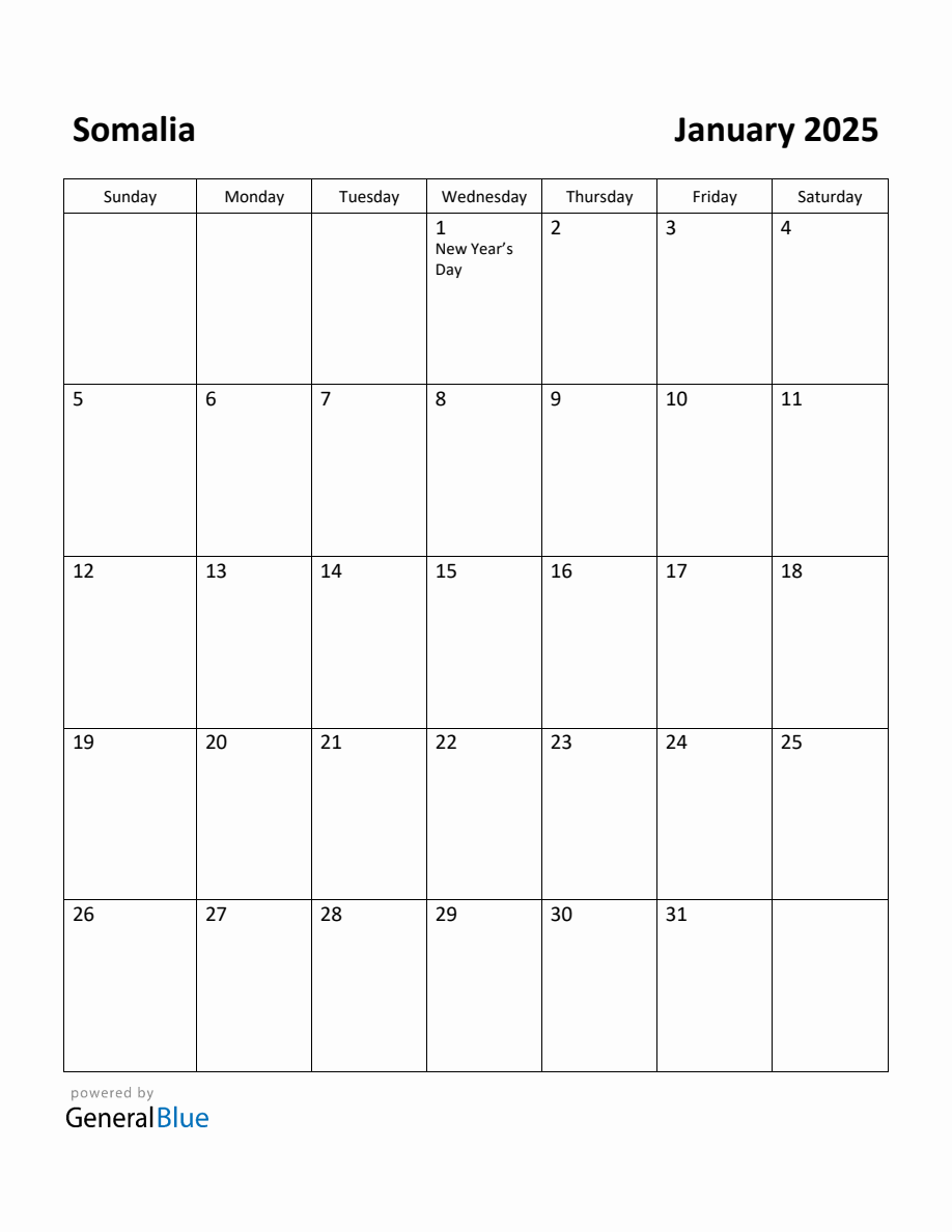 Free Printable January 2025 Calendar for Somalia