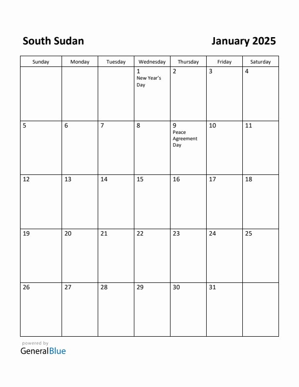 Free Printable January 2025 Calendar for South Sudan