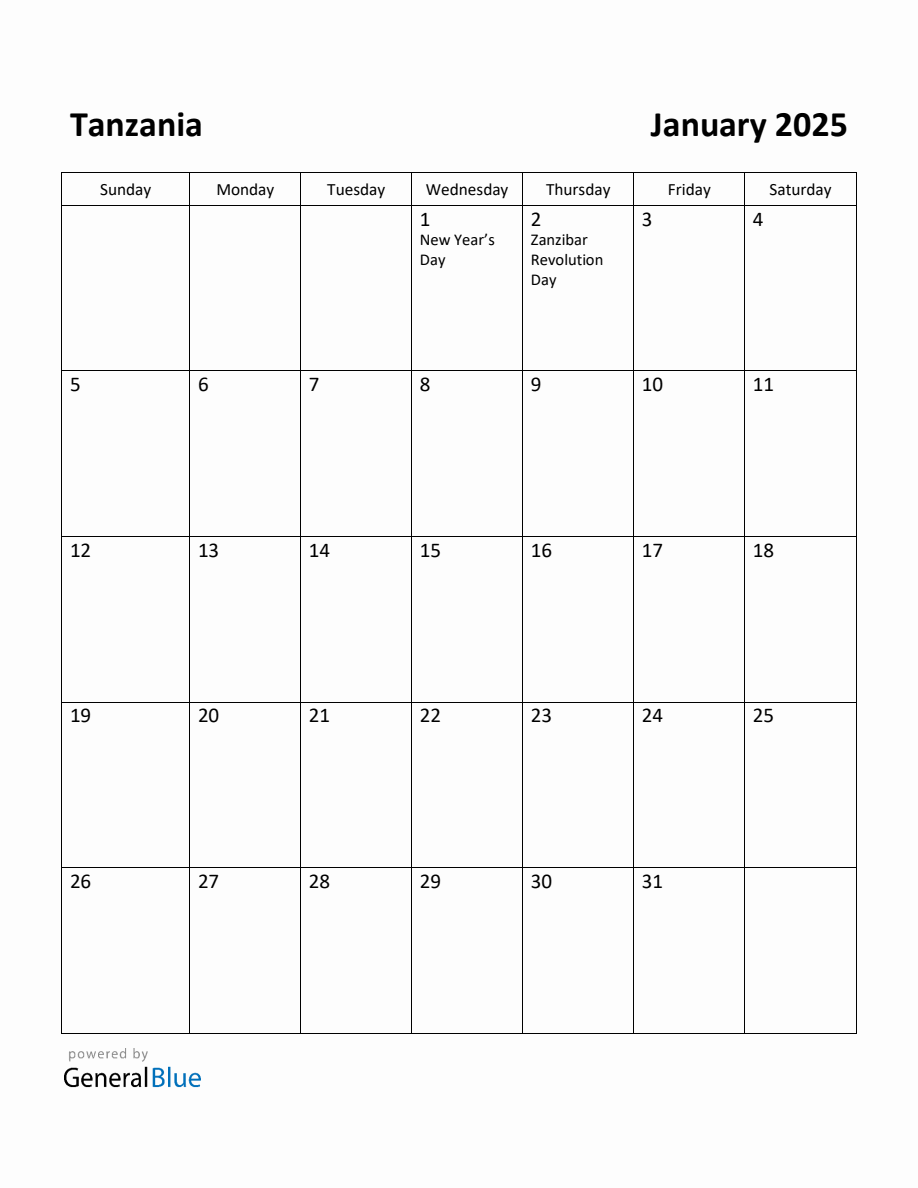 Free Printable January 2025 Calendar for Tanzania