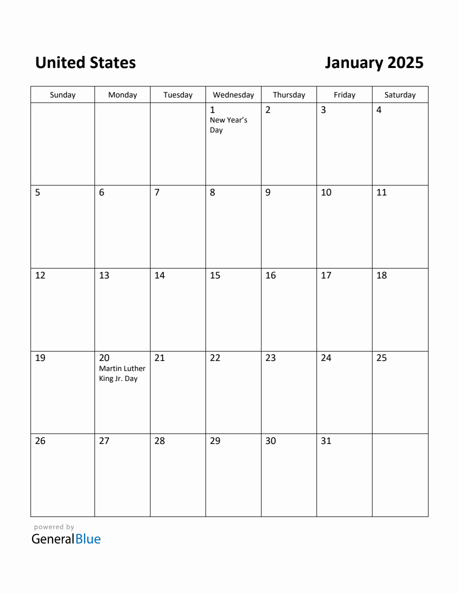 Free Printable January 2025 Calendar for United States