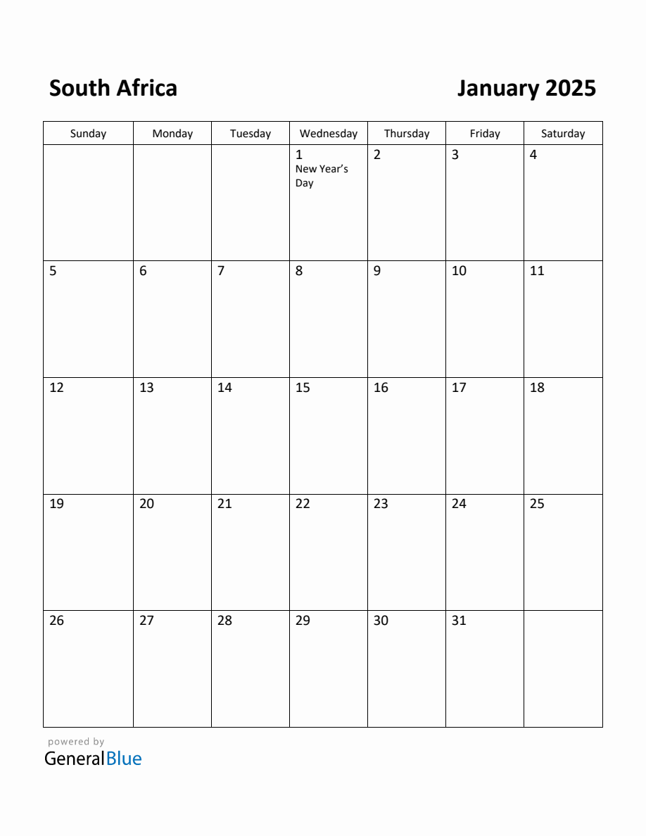 Free Printable January 2025 Calendar for South Africa