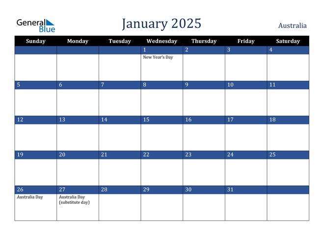 January 2025 Calendar with Australia Holidays