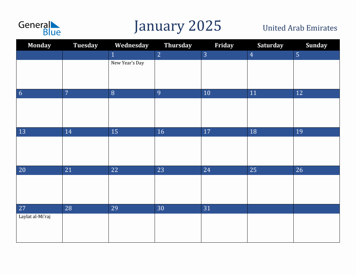 January 2025 United Arab Emirates Holiday Calendar