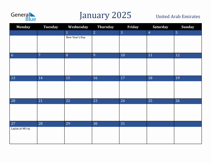 January 2025 United Arab Emirates Calendar (Monday Start)
