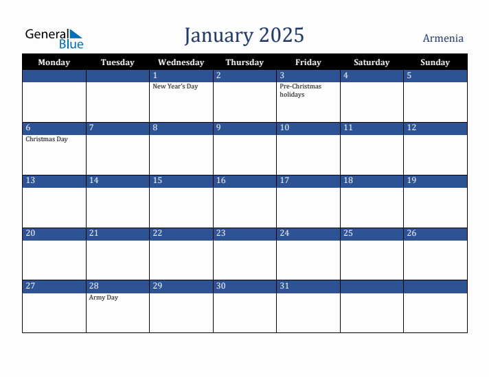 January 2025 Armenia Calendar (Monday Start)