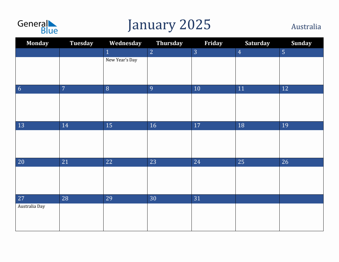 January 2025 Australia Holiday Calendar