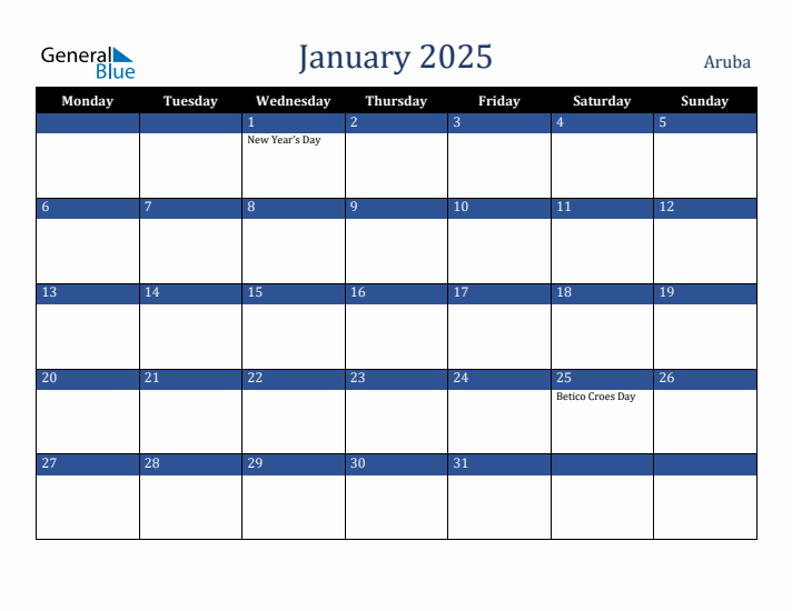 January 2025 Aruba Calendar (Monday Start)