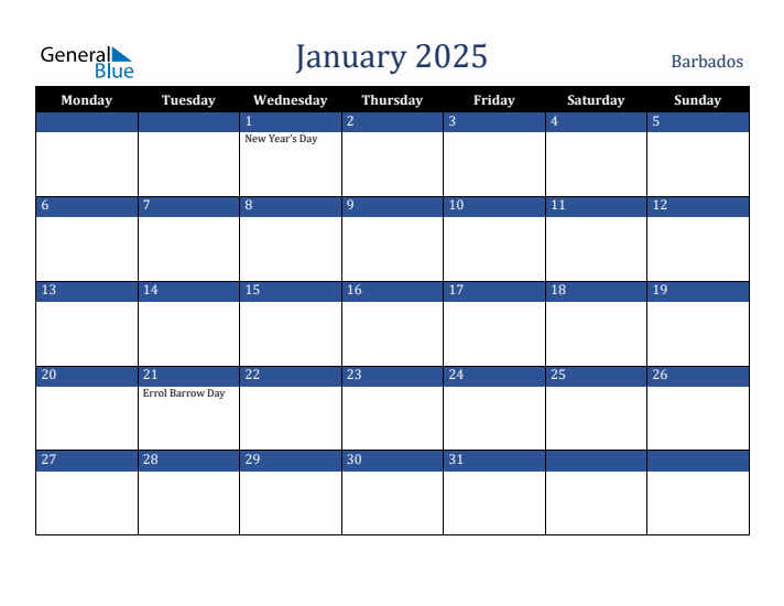 January 2025 Barbados Calendar (Monday Start)
