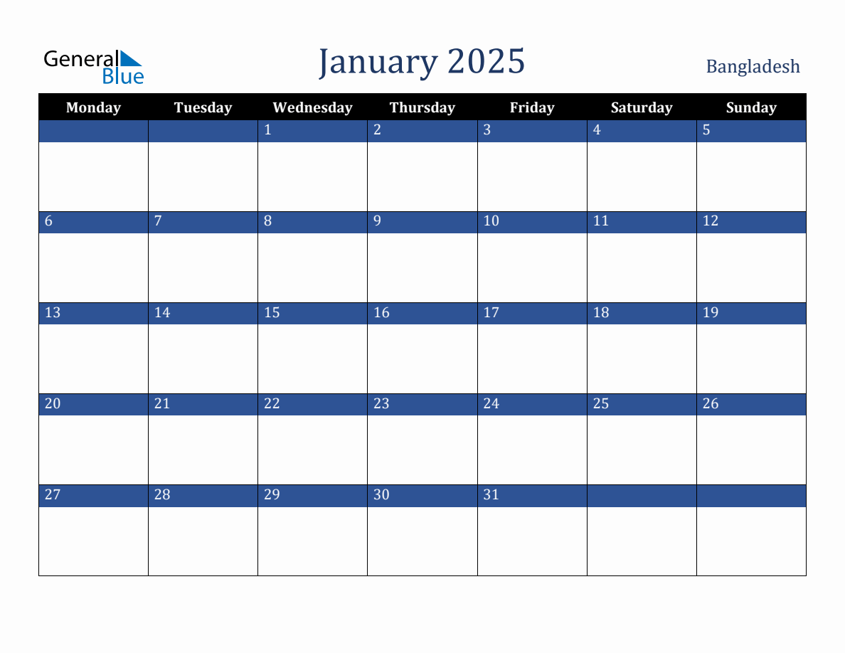 January 2025 Bangladesh Holiday Calendar