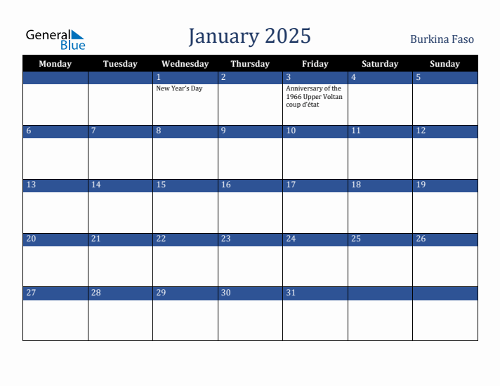 January 2025 Burkina Faso Calendar (Monday Start)