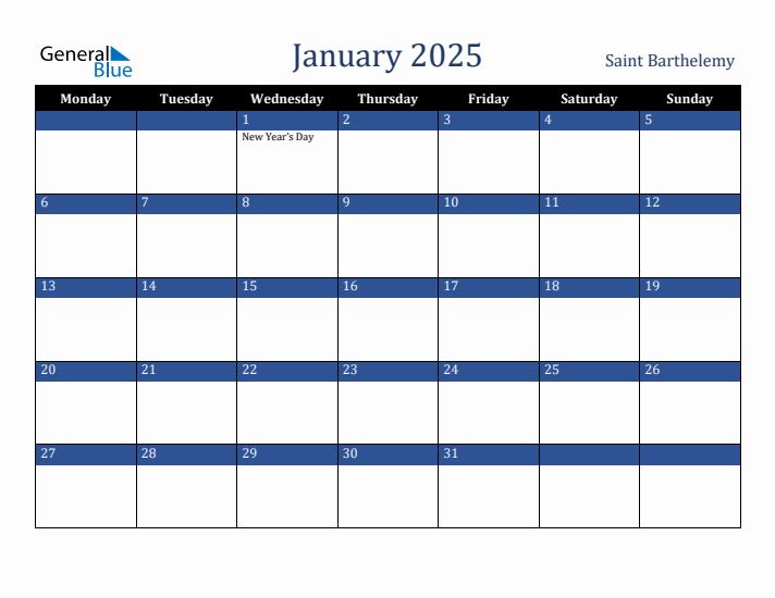 January 2025 Saint Barthelemy Calendar (Monday Start)