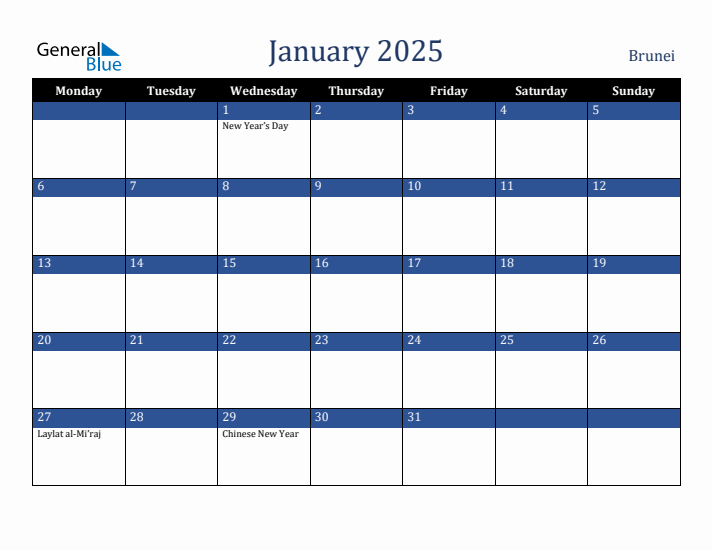 January 2025 Brunei Calendar (Monday Start)
