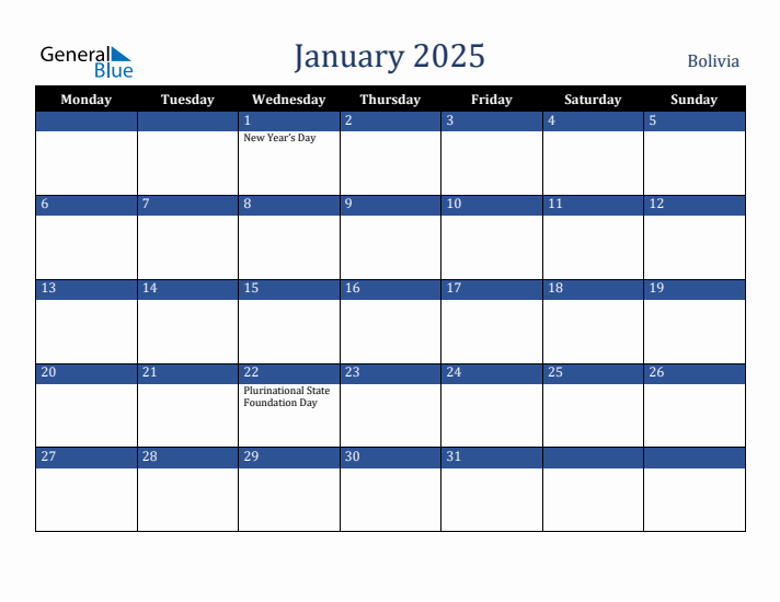 January 2025 Bolivia Calendar (Monday Start)
