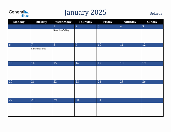 January 2025 Belarus Calendar (Monday Start)