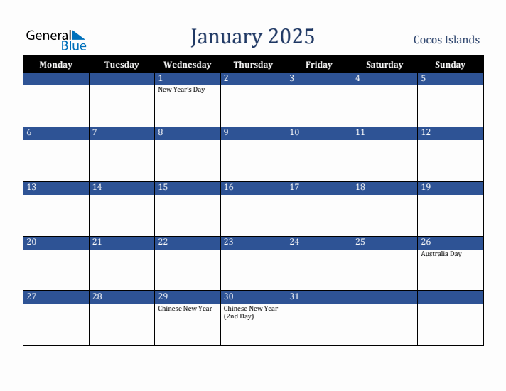 January 2025 Cocos Islands Calendar (Monday Start)